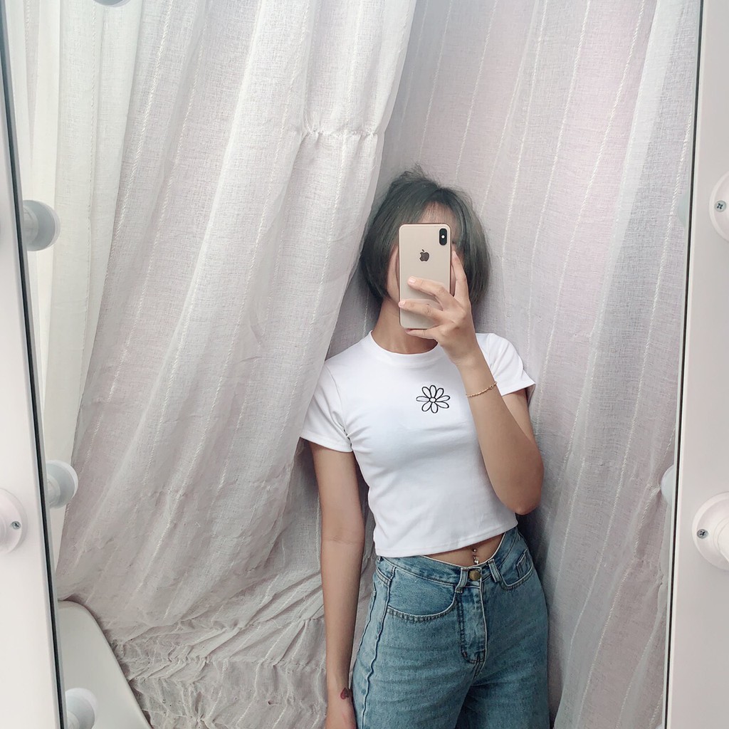 [HÌNH THẬT] ÁO THUN CROPTOP ÔM BODY NGẮN THÊU HOA CÚC BASIC - ÁO KIỂU CRT ULZANG TRƠN 87
