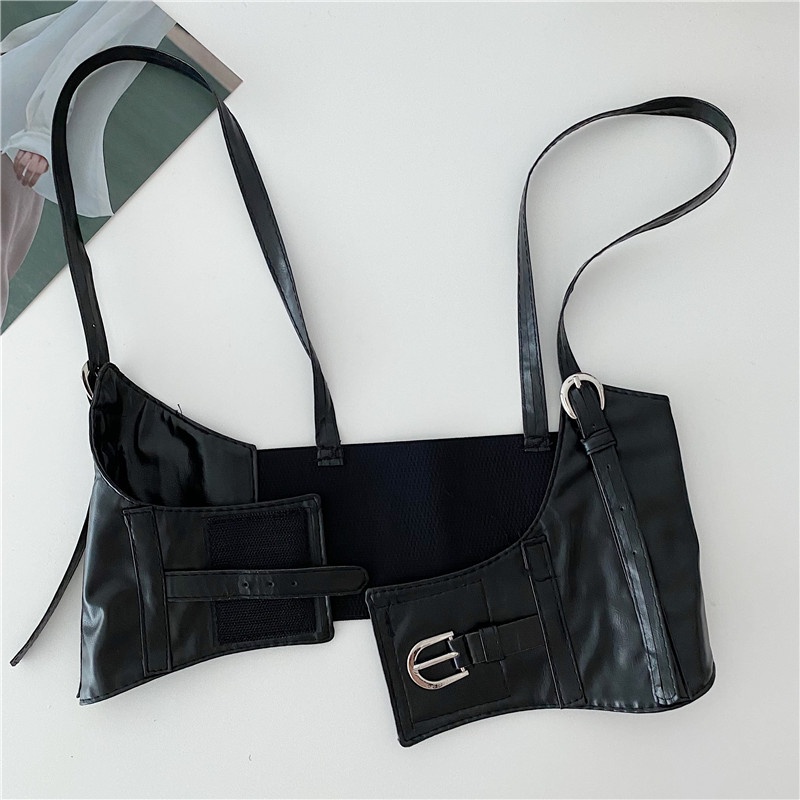 [ CÓ SẴN/ FULL SIZE] Áo CORSET có dây đeo vai, nịt bụng da màu đen thời trang dành cho nữ