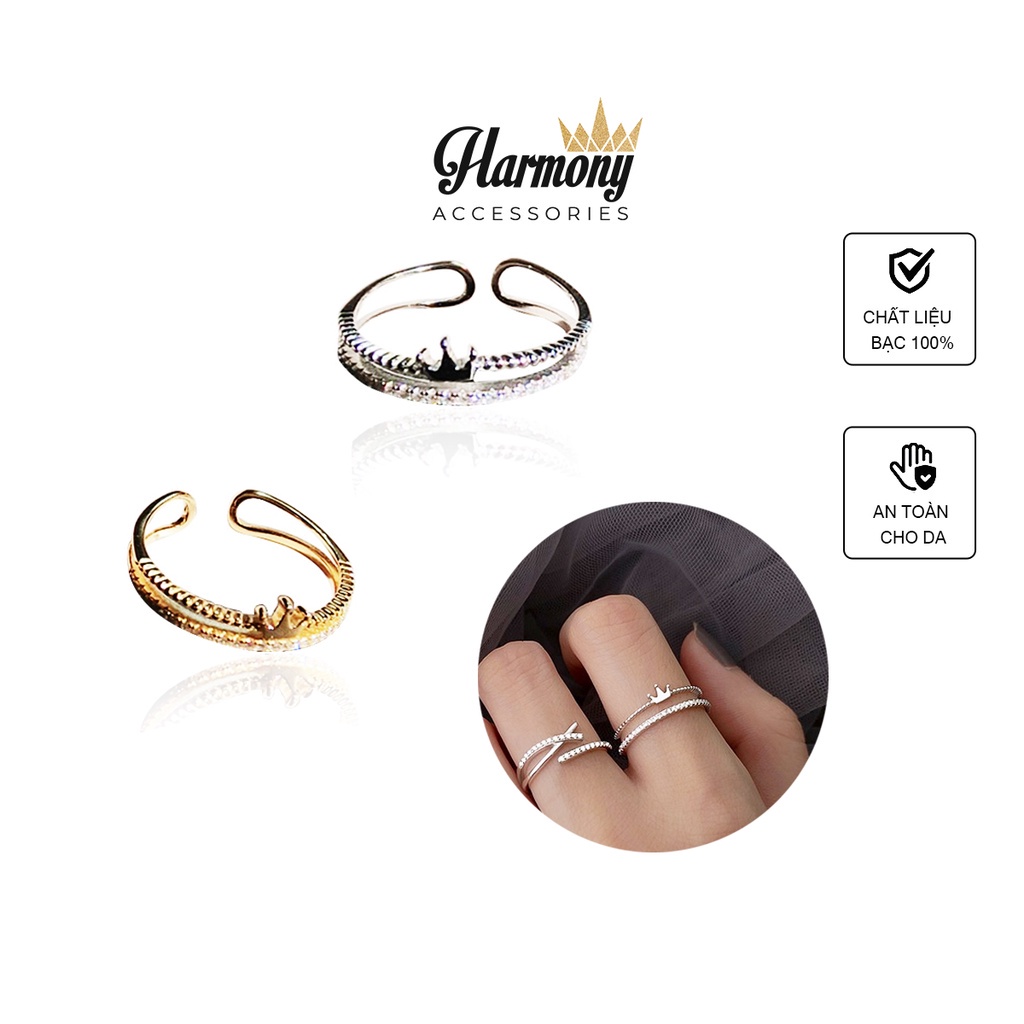 Nhẫn nữ bạc thật 925 mạ vàng 14k hình vương miện xinh xắn, nhẹ nhàng | HARMONY ACCESSORIES N22