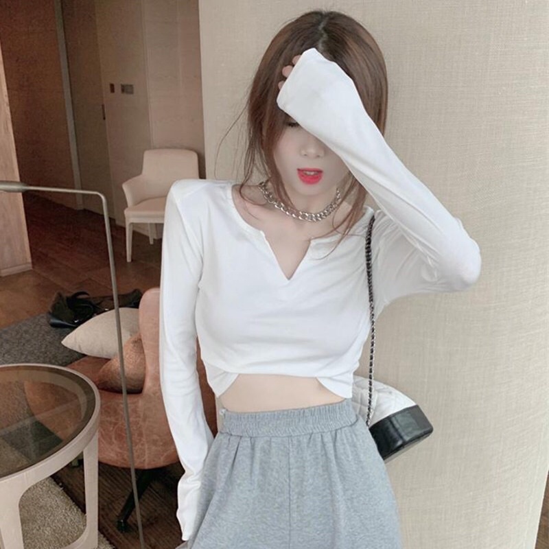 Áo croptop tăm dài tay nữ  Áo cổ V tay dài chất len tăm len gân