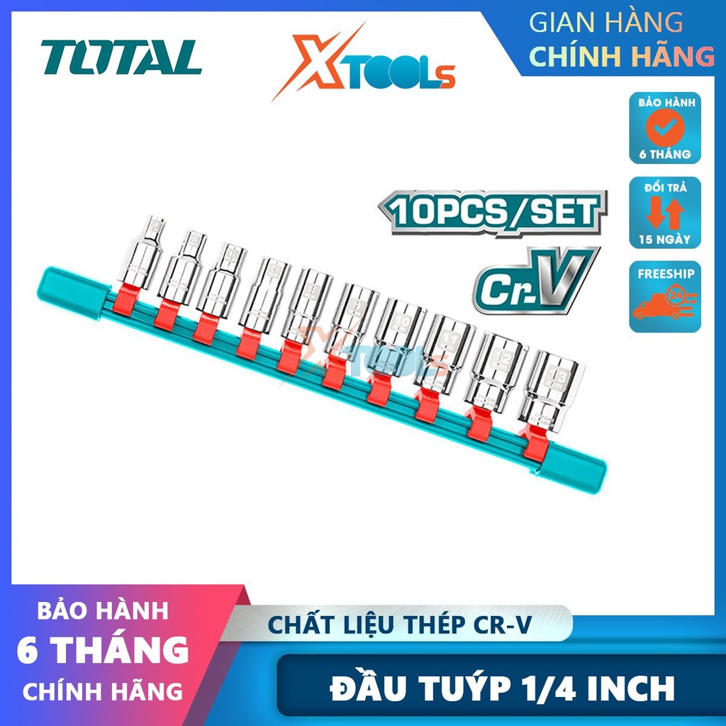 Bộ 10 đầu tuýp 1/4 inch, kích thước  5-6-7-8-9-10-11-12-13-14mm đầu tuýp chất liệu 50BV30, thép CrV -CHÍNH HÃNG-XTOOLS