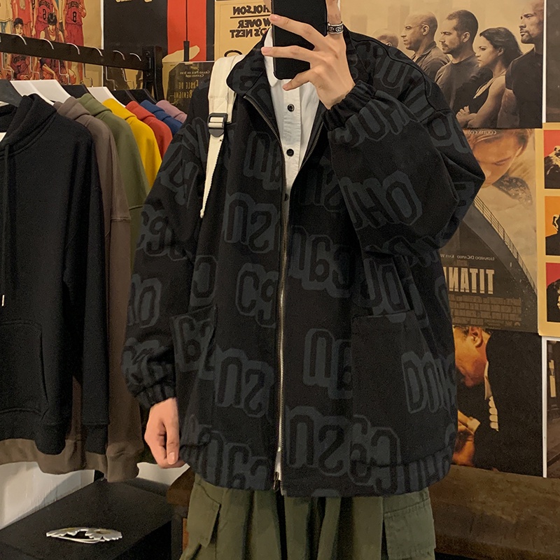 Áo khoác cardigan dáng rộng dài tay in hình phong cách mùa xuân thu thời trang Hàn Quốc đường phố cho nam