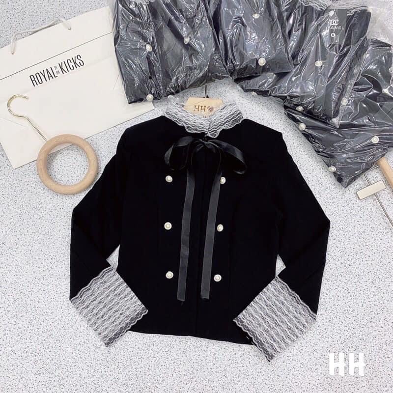 Áo dạ oha ren cổ nơ đính khuy | BigBuy360 - bigbuy360.vn