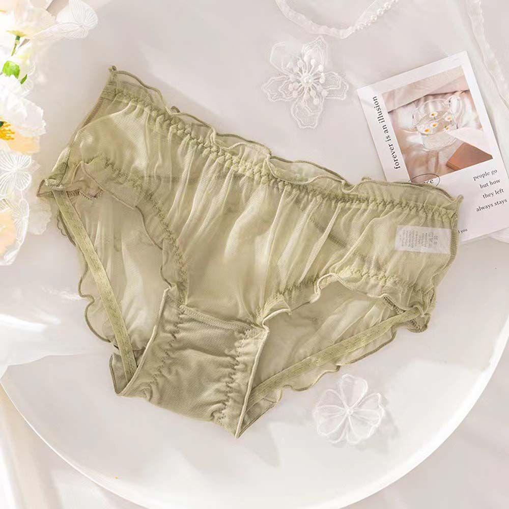 OCEANMAP Quần Lót Nữ Lưng Cao Phối Lưới Thoáng Khí Họa Tiết Chấm Bi Dễ Thương