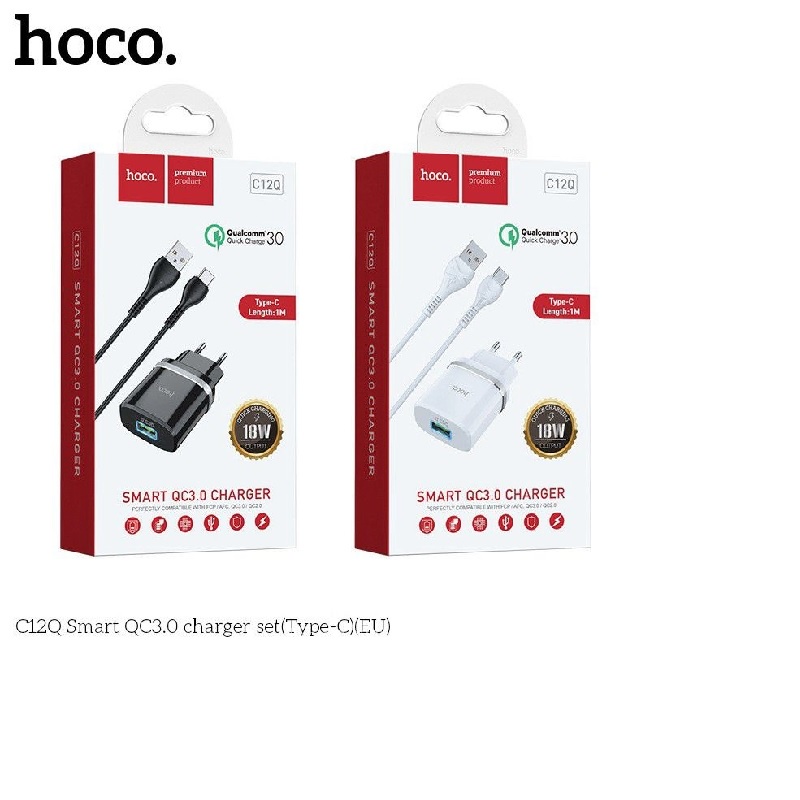 Bộ Cốc Sạc Nhanh Và Cáp Sạc Hoco C12Q Cổng Type-C Hỗ Trợ QC3.0 3A 18W