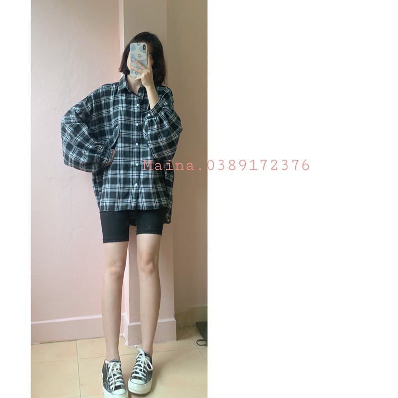 [ẢNH THẬT/ SẴN] Áo sơ mi kẻ basic tay bồng năng động trẻ trung ulzzang QC