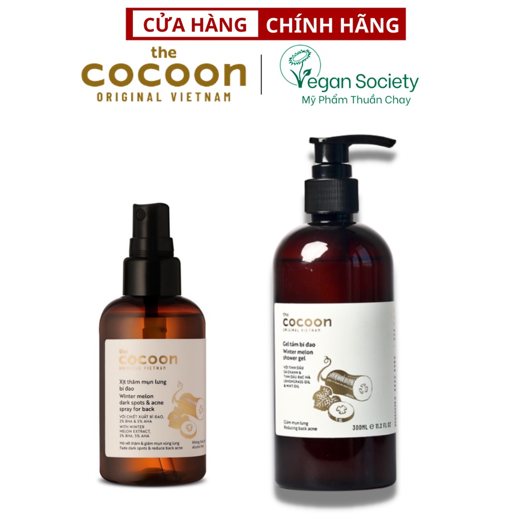 Combo xịt thâm mụn lưng Cocoon 140ml + Gel tắm bí đao Cocoon 300ml - Vegan Society