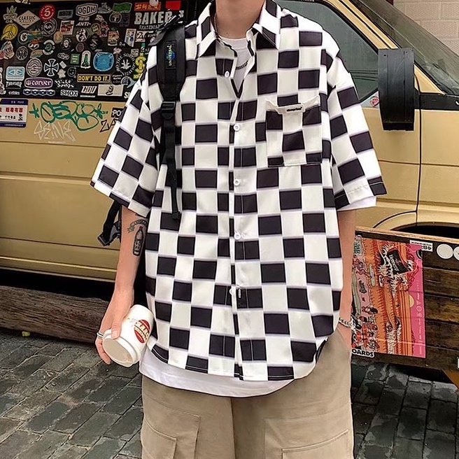 Áo Sơ Mi Caro Tay Ngắn Màu Trắng Đen Phong Cách Hàn Quốc Thời Trang Cho Nam