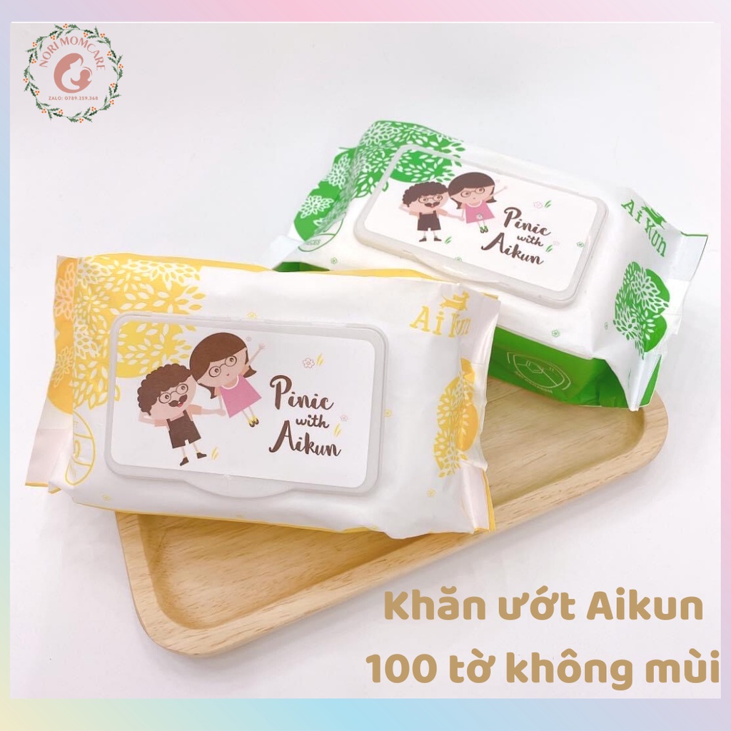 Khăn ướt Aikun kháng khuẩn 100 tờ không mùi vải bi màu xanh