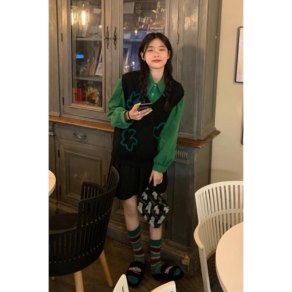 Set Áo Sơ Mi Dài Tay + Đầm Yếm Dệt Kim Thiết Kế Mới Thời Trang Mùa Xuân Thu Dành Cho Nữ