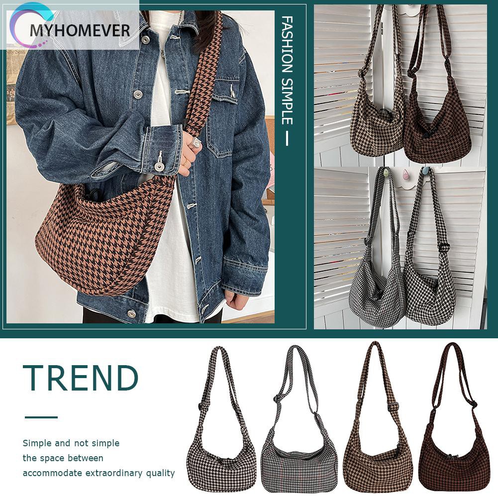 túi Retro Plaid Pattern Shoulder Handbag Women Woollen Messenger Dumpling Bags nữ