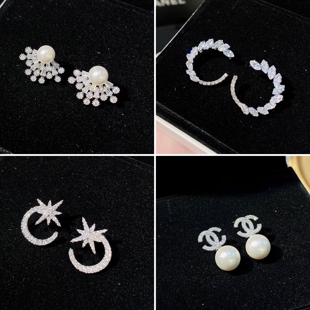 Bông tai nữ đính đá và ngọc châu nhân tạo cá tính Ròm House chuôi bạc 925 kiểu Hàn Quốc cực kỳ sang chảnh - ms49t6