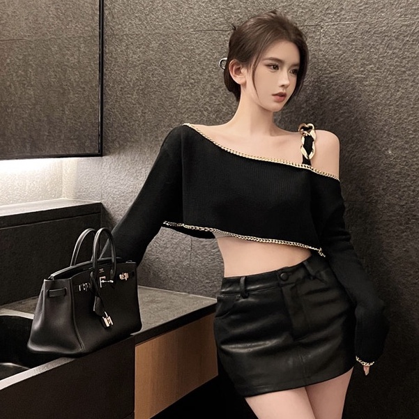 Áo Dệt Kim Trễ Vai Tay Dài Màu Đen Phong Cách Hàn Quốc