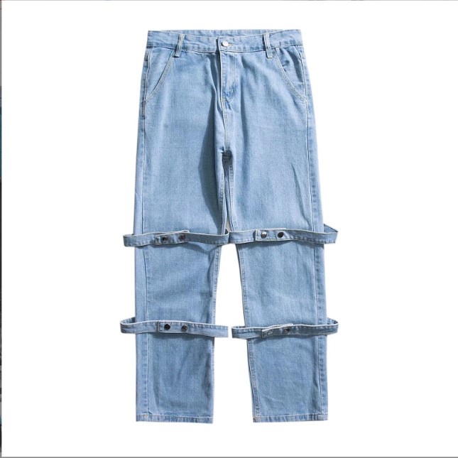Quần jean ống rộng nam nữ unisex màu xanh nhạt và đen trang trí dây đẹp mới hà nội hcm Pon.mens