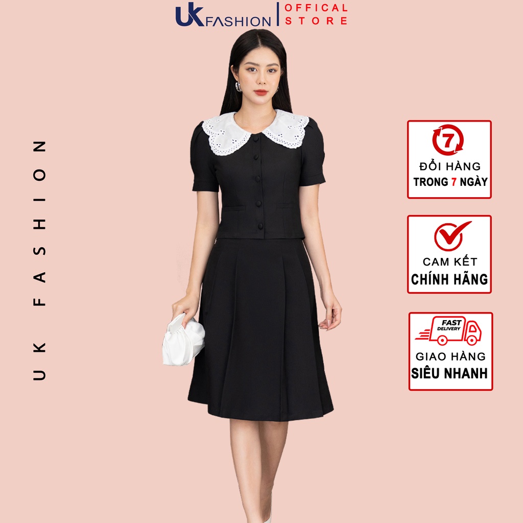 Set Đồ Nữ Công Sở Thời Trang UK Fashion Thiết Kế Áo Croptop Cổ Ren Kết Hợp Chân Váy Xếp Ly Vải Hàn Cao Cấp NKFBD2203002