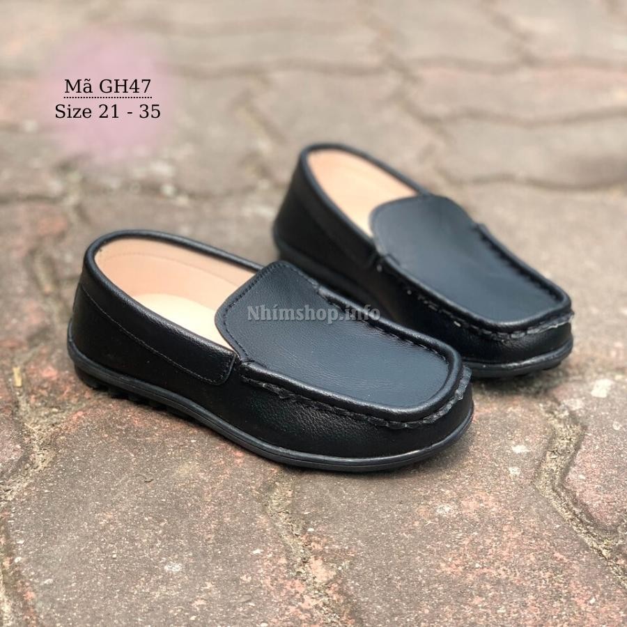 Giày lười mọi moca cho bé trai 1 đến 8 tuổi màu đen êm nhẹ chống trơn mặc vest đi tiệc đi học phong thời trang GH47