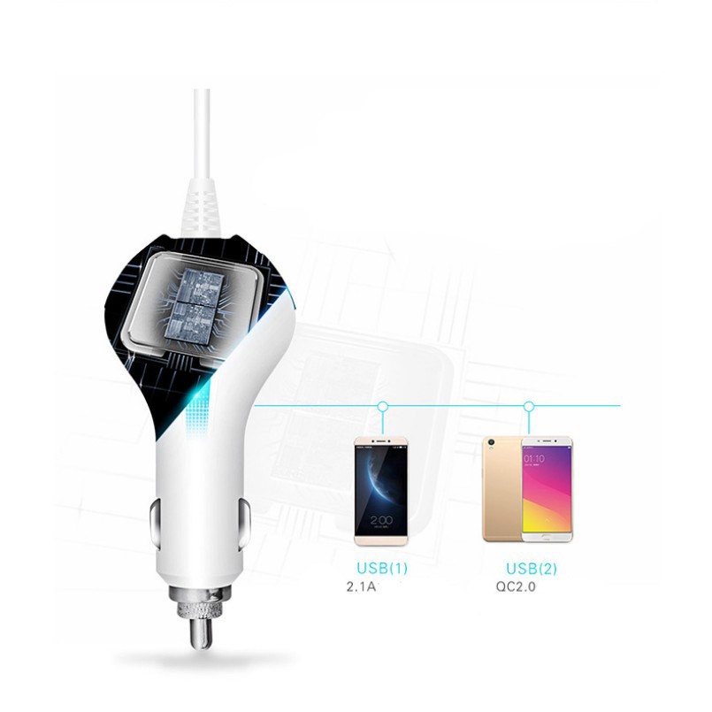Sạc Nhanh Ô Tô 2 cổng USB và 3 Đầu Sạc Dài 1.5M Đầu Micro Lightninng Type-C 3 IN 1 Cốc Sạc Nhanh Quick Chagre 3.0 Xe Hơi