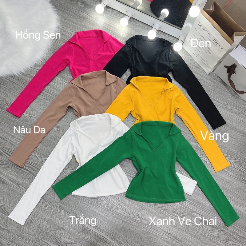 Áo thun ôm body nữ Croptop tay dài cổ V bẻ