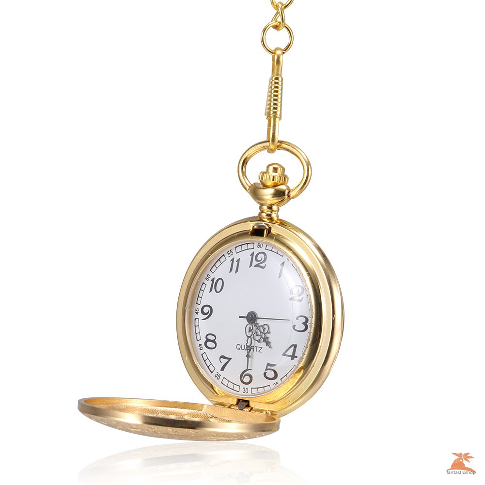 #Đồng hồ bỏ túi# 1pc Men Women Quartz Pocket Watch Golden Carved Pattern Case with Chain