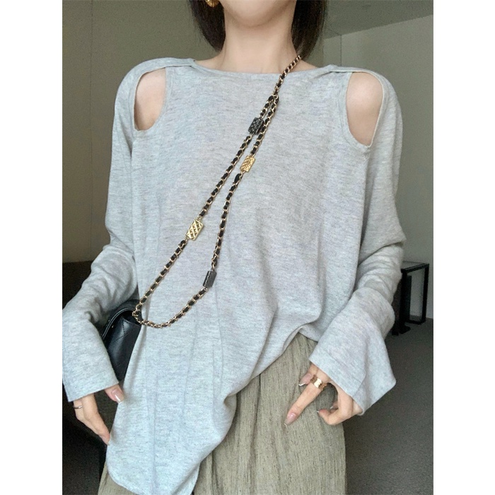 QKOOLE  Áo Thun Dệt Kim Tay Dài Cổ Tròn Màu Sắc Đơn Giản Phong Cách Hàn Quốc Cho Nữ