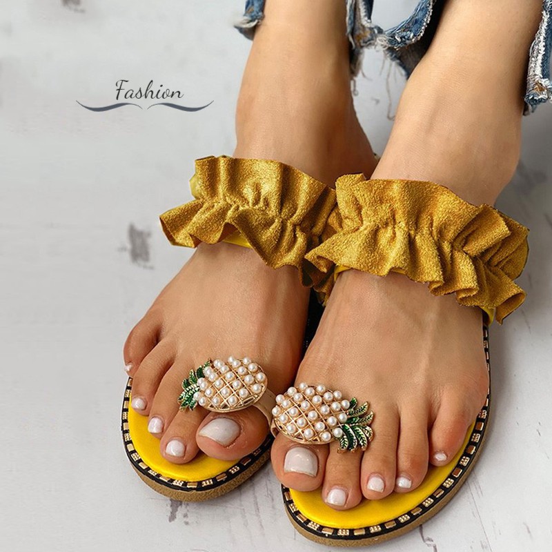 Ds Womens Fashion Pineapple Open Toe Ring Sandals Wild Flat Slippers for Summer Beach @vn