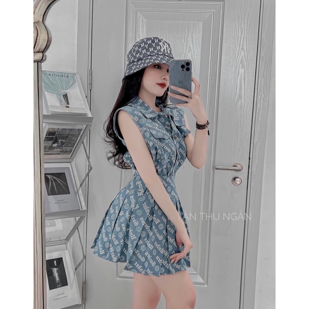✔ 𝗙𝗥𝗘𝗘 𝗦𝗛𝗜𝗣  SET VÁY BBR XANH IN KÍN SÁT NÁCH MIX CHÂN VÁY XOÈ XẾP LY