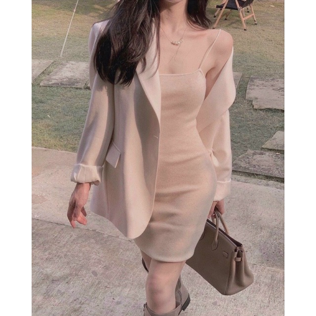 SET ÁO KHOÁC BLAZER TRẮNG + ĐẦM HAI DÂY MÀU BE XINH XẮN [kèm ảnh thật] | BigBuy360 - bigbuy360.vn