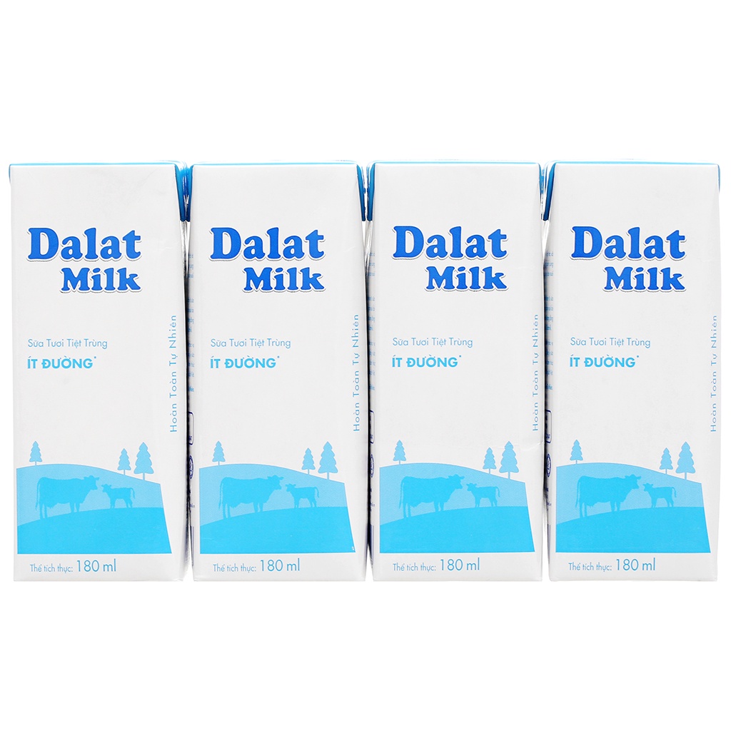 Lốc 4 hộp sữa tươi tiệt trùng nguyên chất / có đường Dalat Milk 180ml