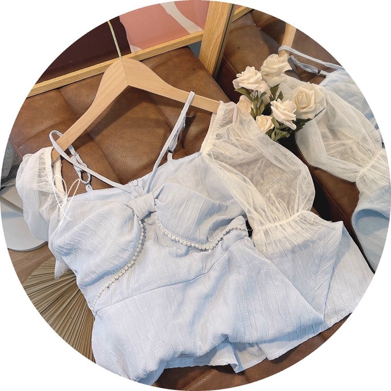 ĐẦM XANH NƠ NGỰC DÂY CHÉO CỔ TAY PHỐI KEM