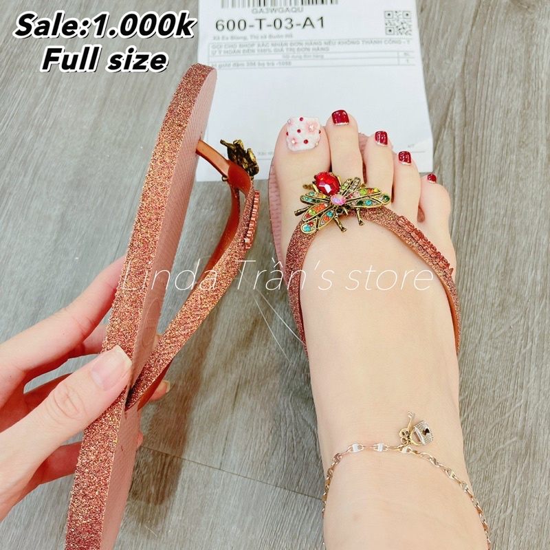 dép HVN kim tuyến viền hồng ruốc mix charm