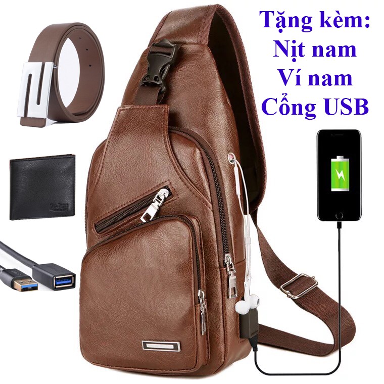 Túi Da Đeo Chéo Nam - Tặng Kèm Dây Nịt, Ví, Cổng USB