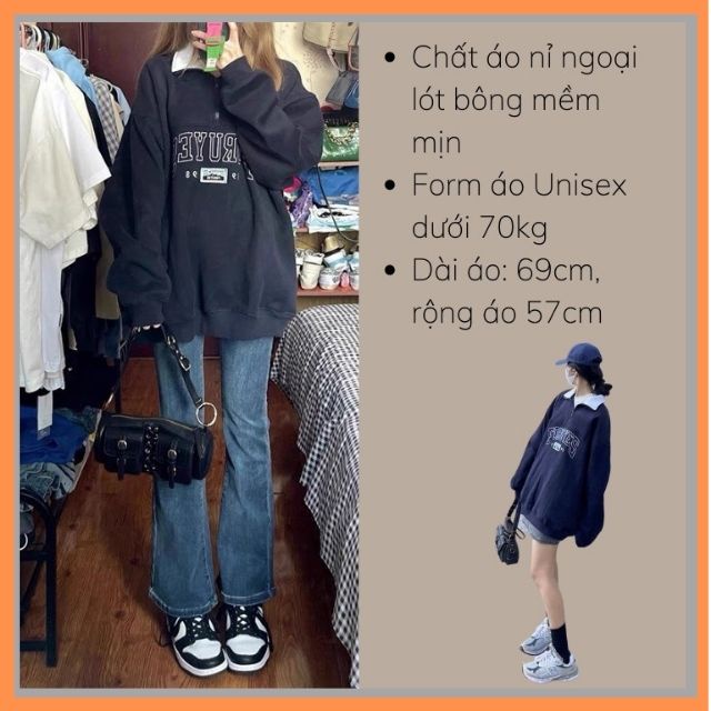 Áo Nỉ Sweater Nữ Form Rộng Tay Bồng Unisex, Áo Nỉ Cổ Cao Polo Chất Nỉ Ngoại In Chữ Siêu Đẹp PIGISTORE Mã 02