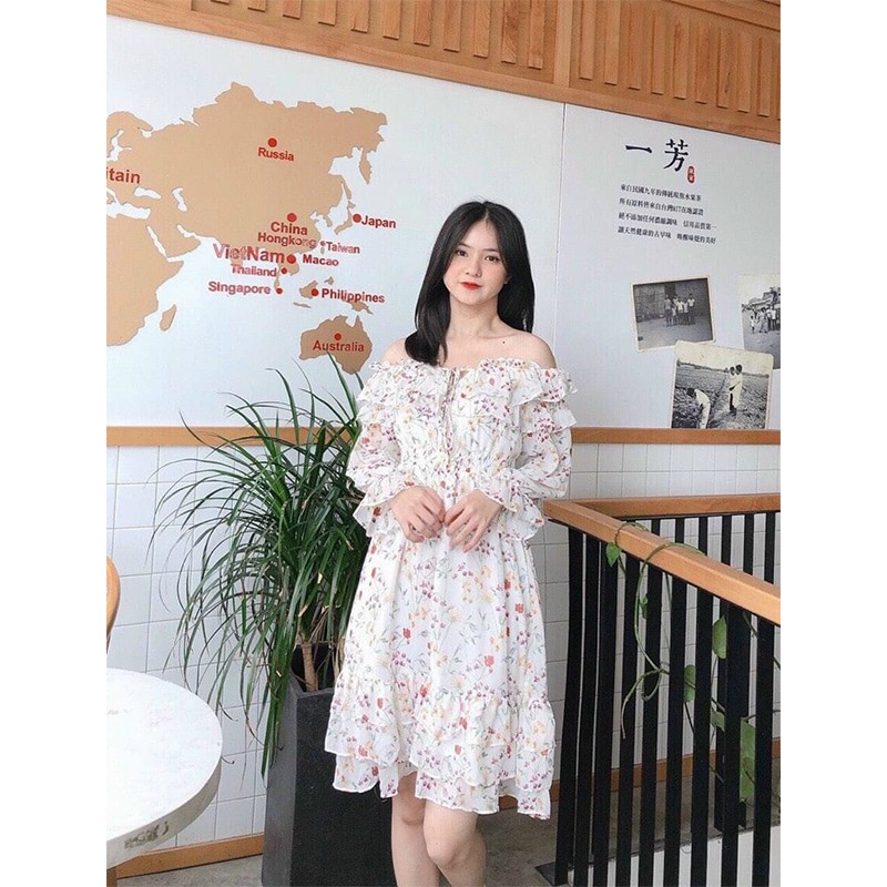 Đầm voan hoa nhí trễ vai nữ tính Đầm váy thiết kế Chic Store