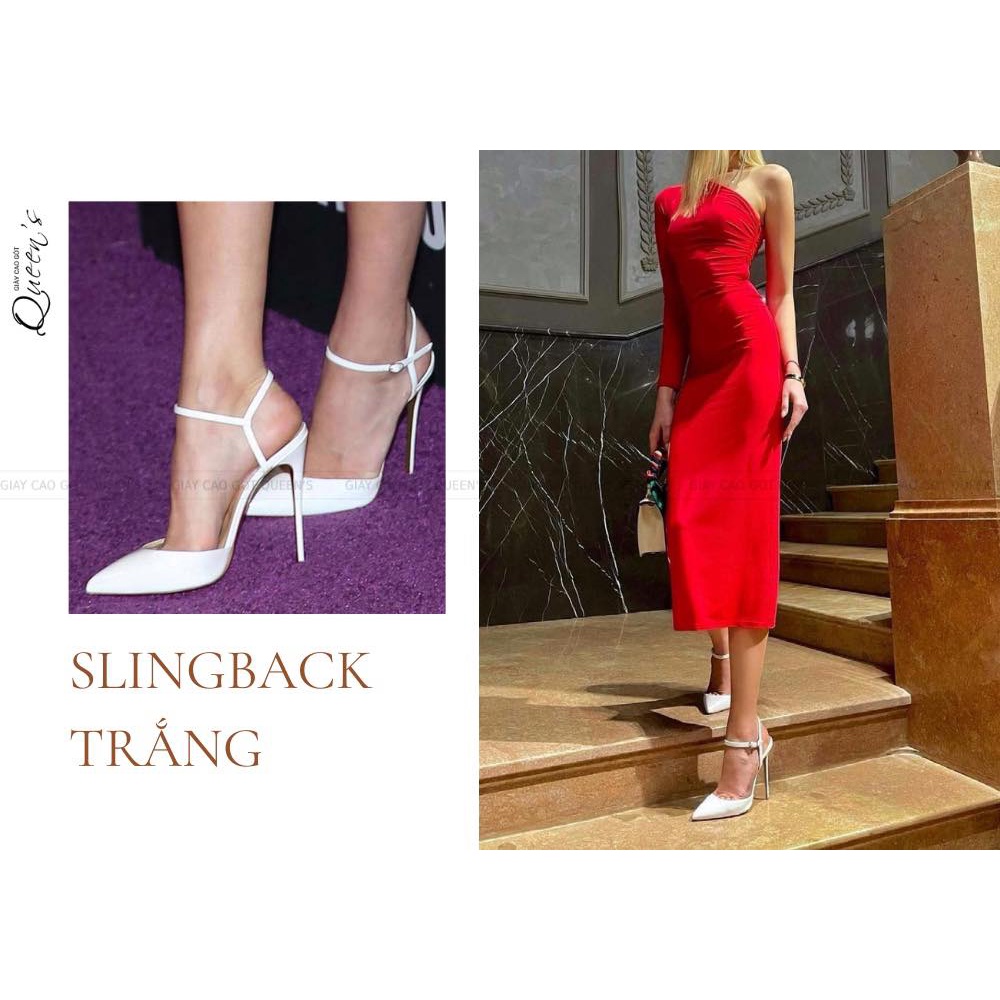 Giày Cao Gót Nữ Slingback Màu Trắng Da Bóng Quai Sau Mũi Nhọn Gót Nhọn Thời Trang Cho Nữ Dự Tiệc Cưới Cao 9-11 Phân