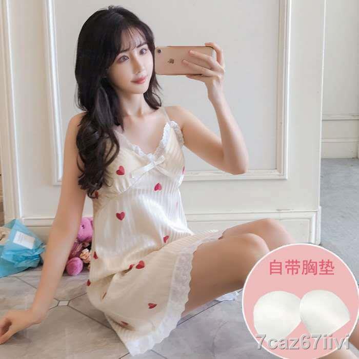 Váy ngủ sexy có đệm ngực, đồ lụa mỏng như băng dành cho phụ nữ Mặc một chiếc ren treo là vui vẻ và quyến rũG