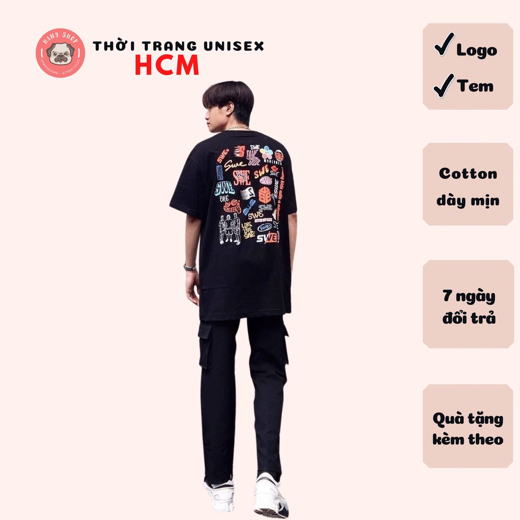 Áo thun tay lỡ unisex form rộng SWE Logos Tee màu đen, vải cotton 100% co dãn 4 chiều, có logo tem mạc SWE đầy đủ AL44