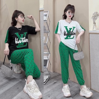 Đồ bộ thun dài form rộng kí tự phối màu xanh họa tiết