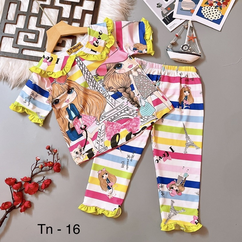 Đồ bộ pijama bé gái áo cộc quần dài thun lạnh 3D co giãn 4 chiều mềm mát mặc nhà mặc ngủ 22-42kg