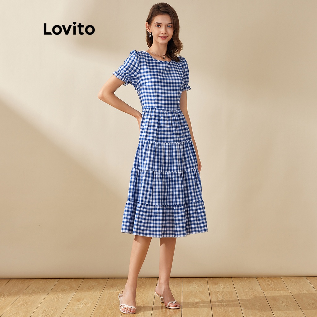 Lovito Đầm Midi Xếp Tầng Kẻ Sọc Ca Rô L20D1251