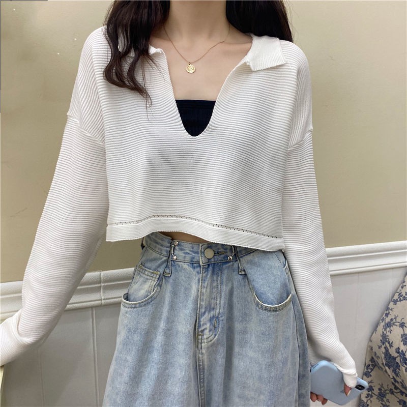 Croptop knit long sleeve V-neck, Korean version | BigBuy360 - bigbuy360.vn