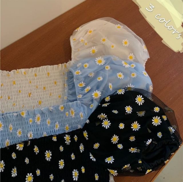 ÁO CROPTOP TRỄ VAI HỌA TIẾT HOA CÚC HỌA MI SIÊU XINH BO CHUN