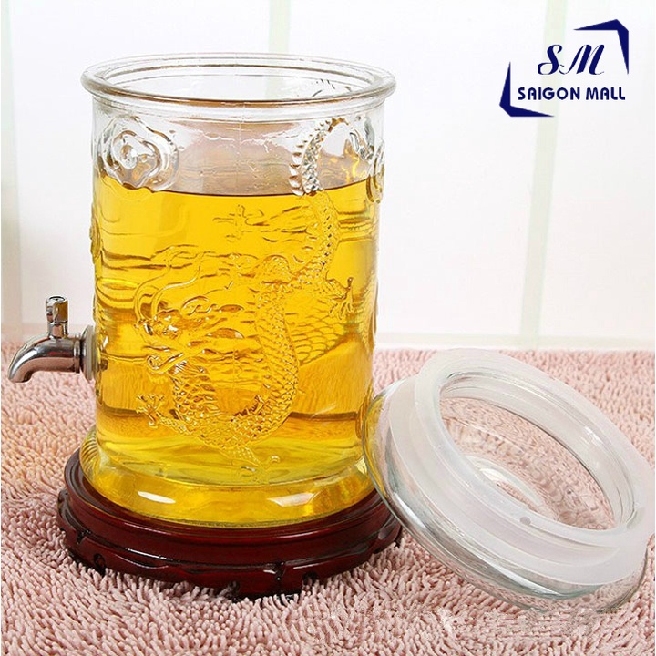 Bình ngâm rượu thủy tinh hình trụ hoa văn hình rồng MS6L có van hoặc không van