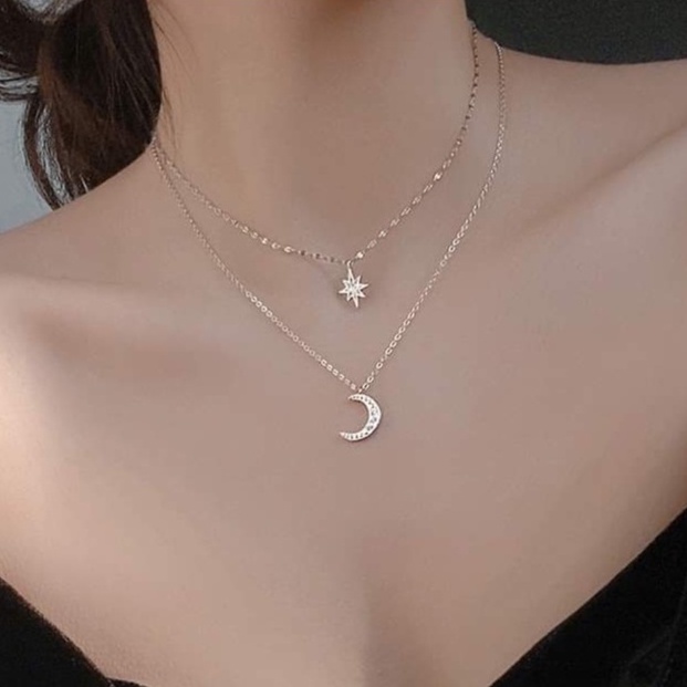 Dây chuyền bạc Dây đôi Trăng Sao hai tầng xinh xắn