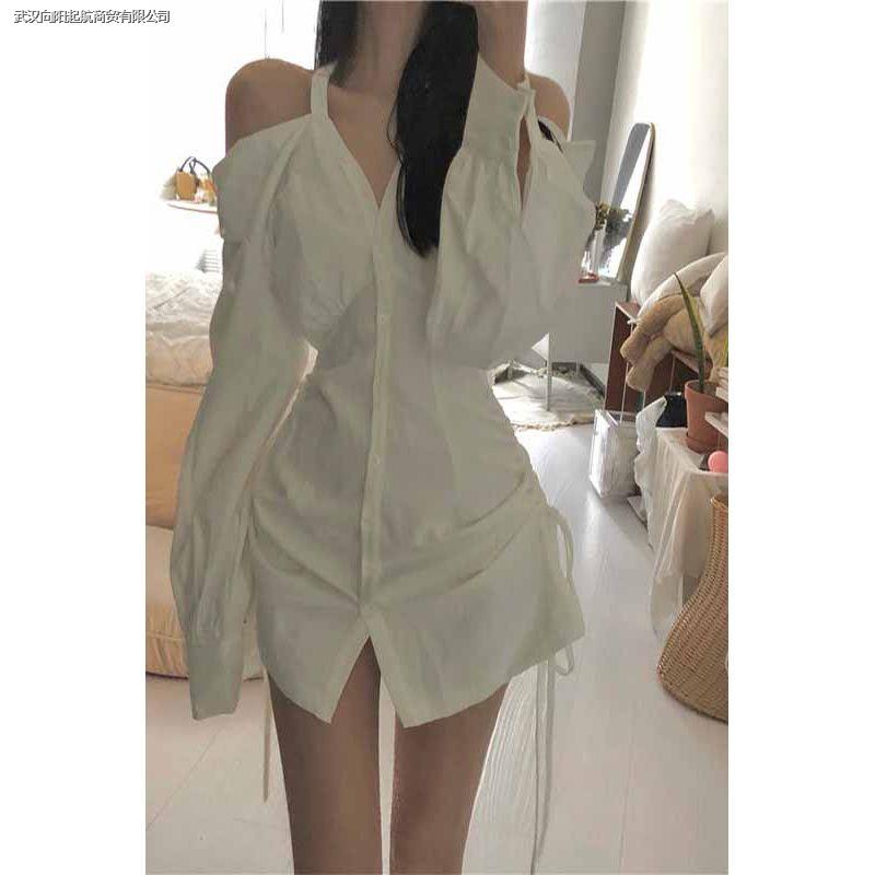 Đầm Sơ Mi Trắng Dài Tay Cổ Chữ v Trễ Vai Eo Rút Dây Thời Trang Cho Nữ