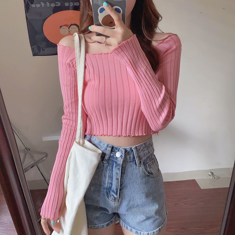 Áo Croptop Gân Dệt Kim Trễ Vai Dài Tay Ulzzang F14-1