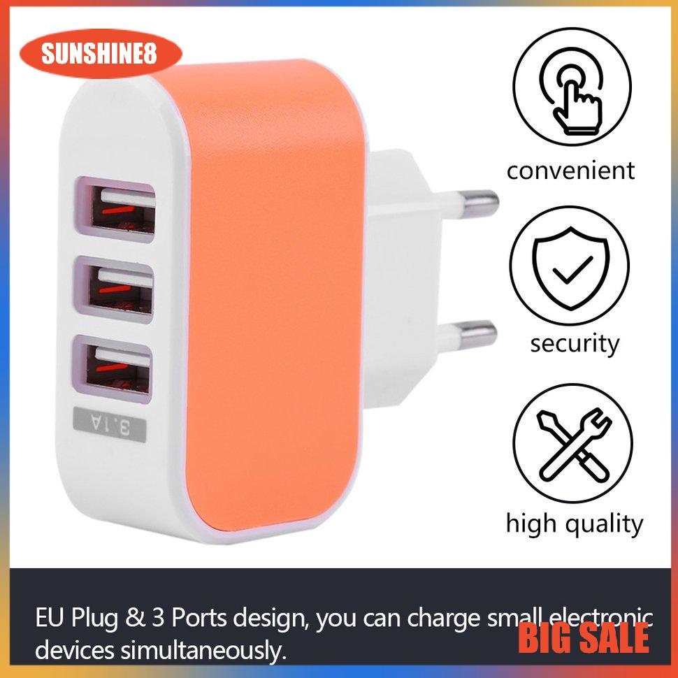 【SUN】Triple USB Port Wall Home Travel AC Power Charger Adapter 3.1A EU Plug