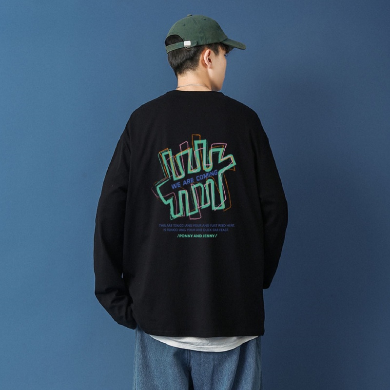 Áo thun tay dài dáng rộng in chữ graffiti phong cách Hàn Quốc thời trang cho nam size M-5XL