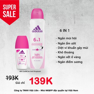 COMBO Lăn khử mùi + Xịt Khử Mùi Toàn Thân Nữ Adidas 6 in 1 Cool & Care
