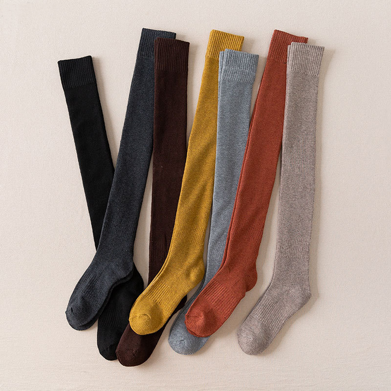 Vớ cotton giữ nhiệt trơn dài cao tới đầu gối dày Terry màu đen