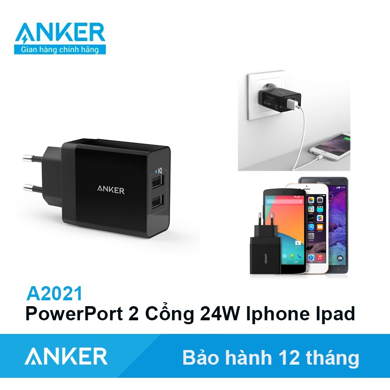 Cốc Sạc ANKER Power Port 2 Cổng 24W Chân tròn A2021 cho IPhone Ipad Samsung Androi